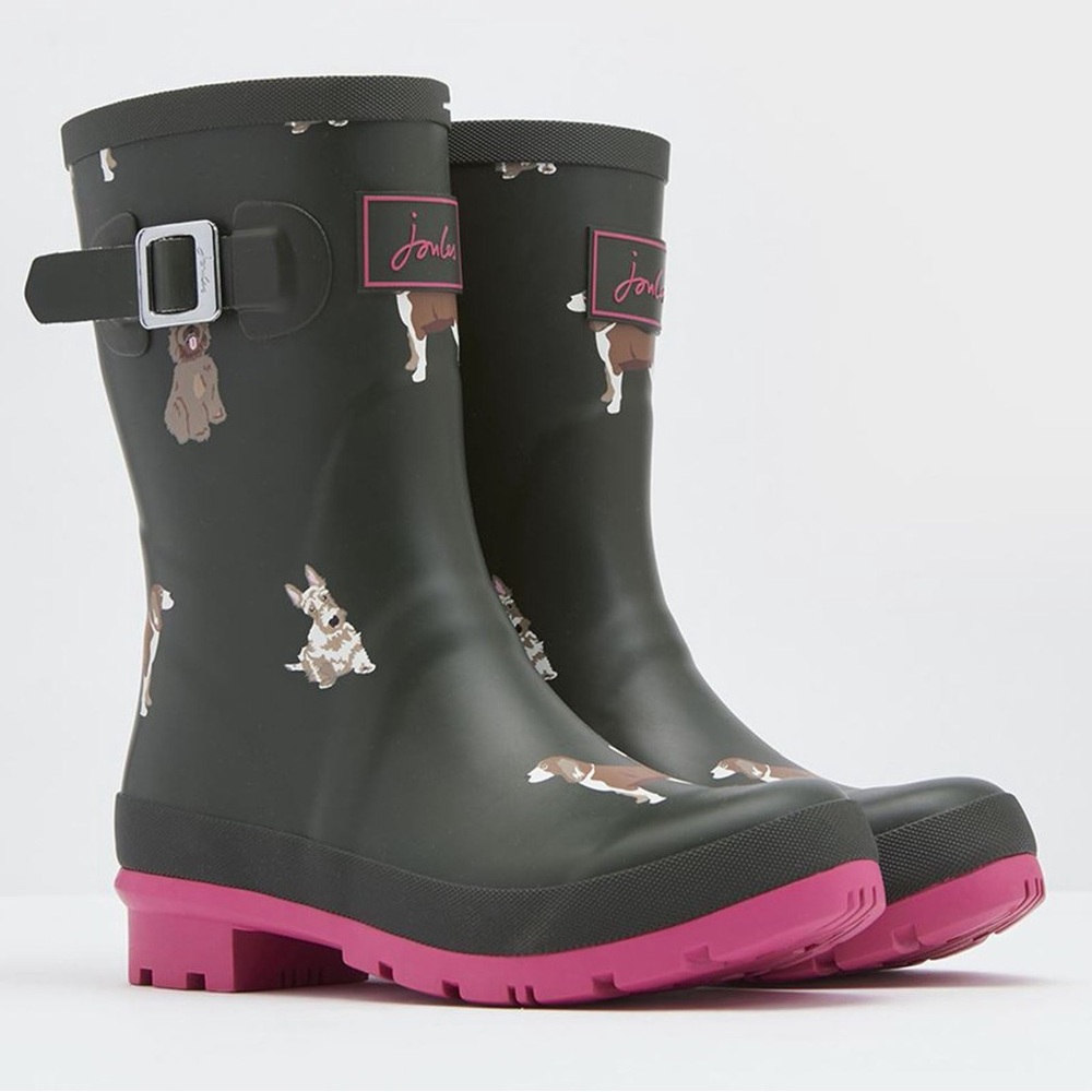 Joules Black and Pink Dog Pattern Boots